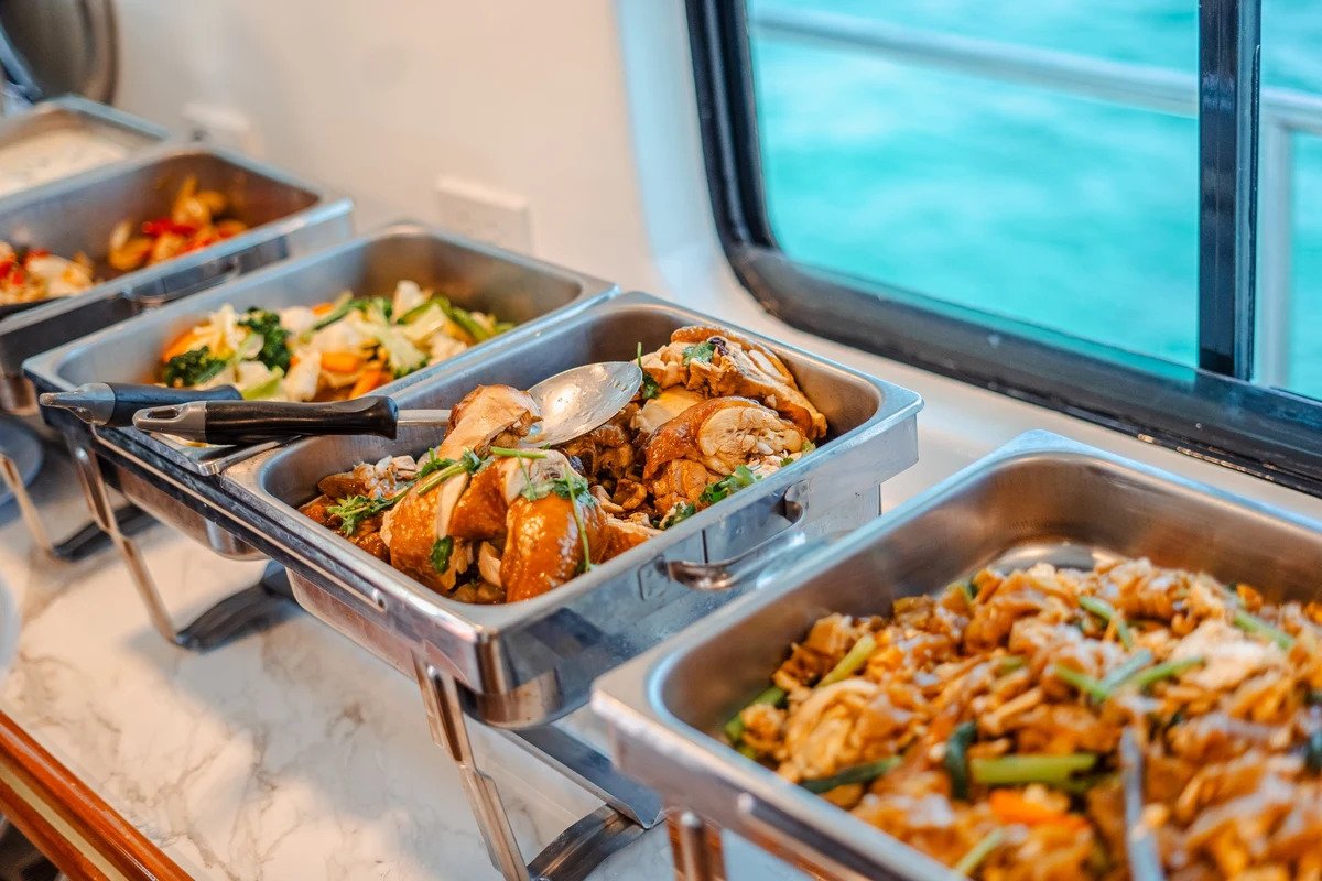 Fresh lunch buffet served onboard during a scuba diving trip in Phuket