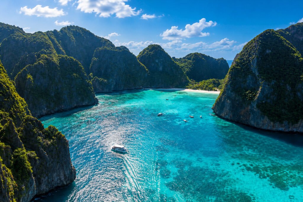 “Beautiful aerial view of Phi Phi Islands lagoon with turquoise water in Thailand”