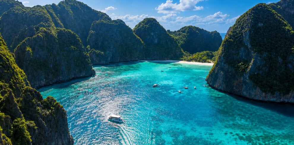 “Beautiful aerial view of Phi Phi Islands lagoon with turquoise water in Thailand”