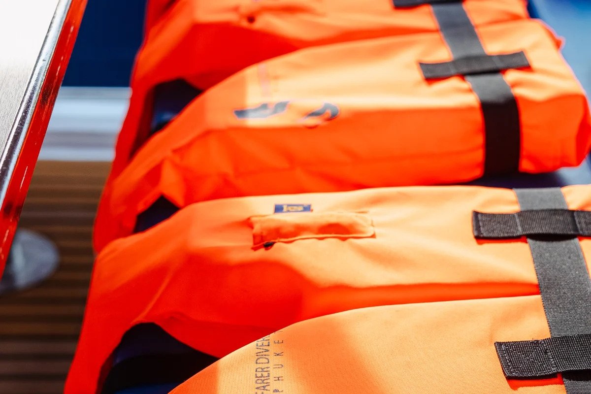 Premium safety life jackets prepared onboard Seafarer Divers Phuket dive boat